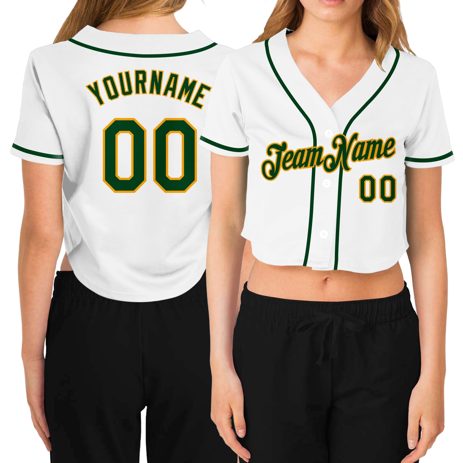 Custom Women's White Green-Gold V-Neck Cropped Baseball Jersey