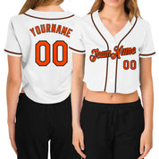 Custom Women's White Orange-Black V-Neck Cropped Baseball Jersey
