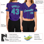 Individuelles kurz geschnittenes Baseball-Trikot für Damen in Lila und Aqua-Weiß mit V-Ausschnitt