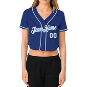 Camisa de beisebol feminina personalizada Royal branco-azul claro com decote em V