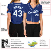 Maßgeschneidertes, kurz geschnittenes Baseballtrikot für Damen in Königsblau und Weiß mit V-Ausschnitt