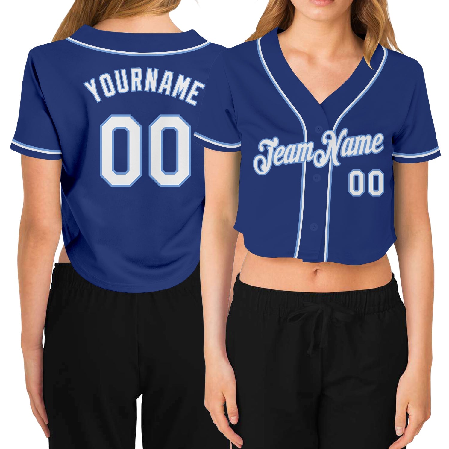 Camisa de beisebol feminina personalizada Royal branco-azul claro com decote em V