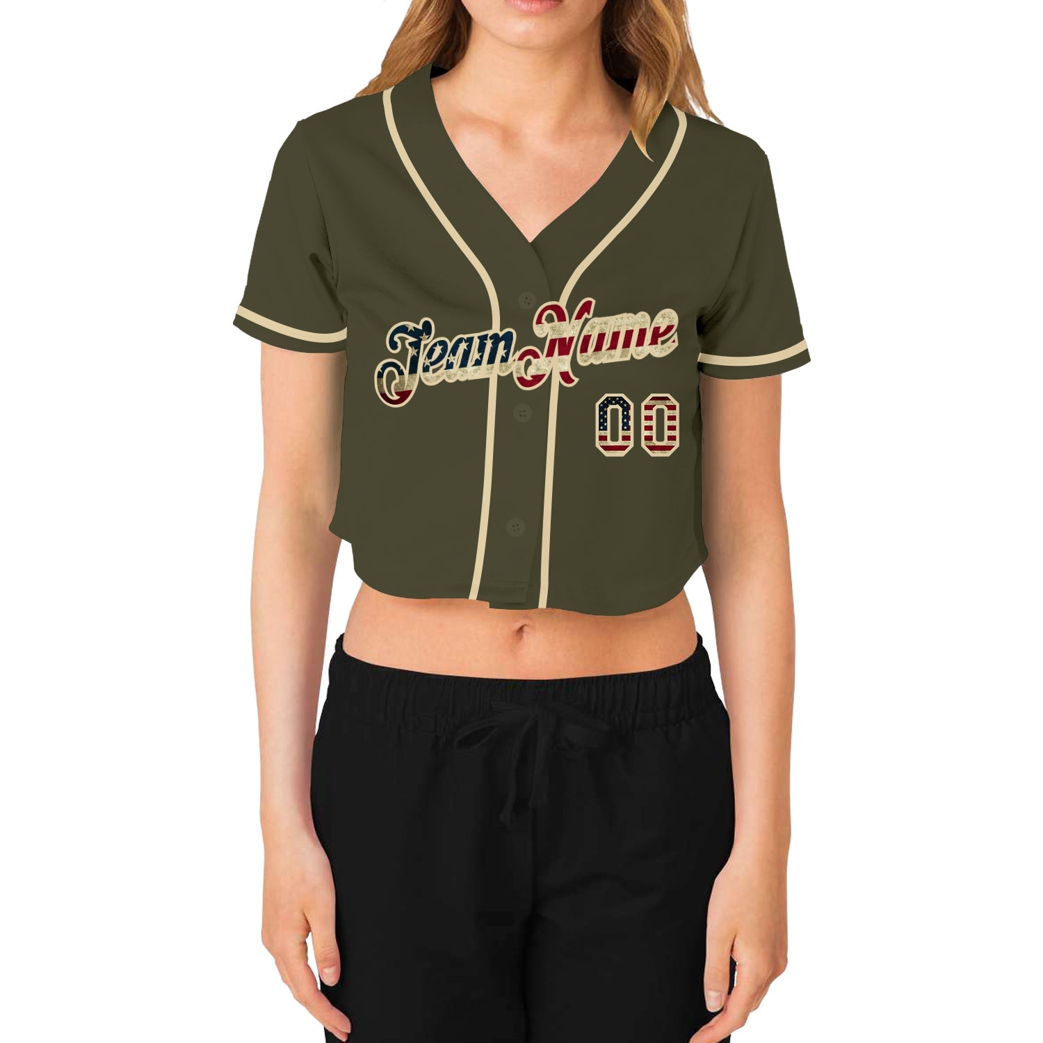 Maßgeschneidertes, olivgrünes Vintage-Baseballtrikot mit USA-Flagge und Creme für Damen mit V-Ausschnitt und cremefarbenem Salute To Service