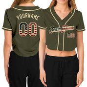 Personnalisé Femmes D'olive Vintage USA Drapeau-Crème Salute Au Service V-Neck Cropped Baseball Jersey