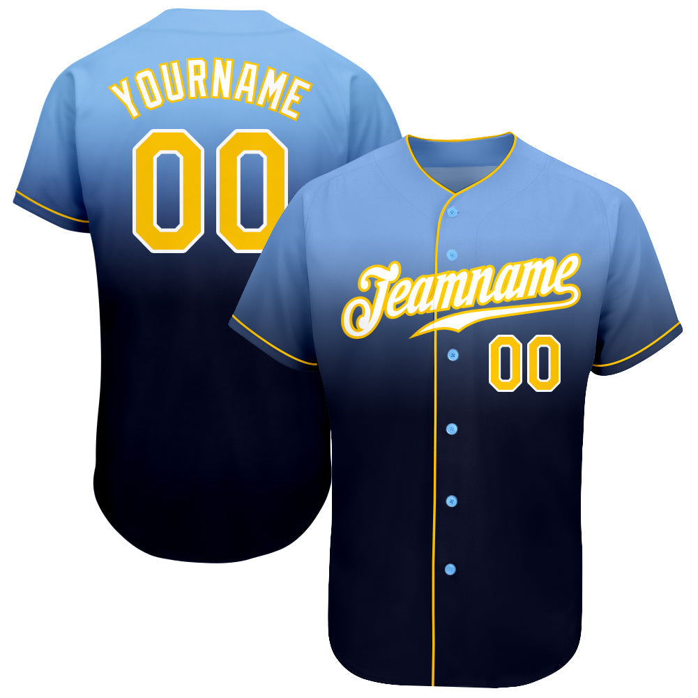 Camisa de beisebol personalizada azul claro dourado-marinho autêntica Fade Fashion
