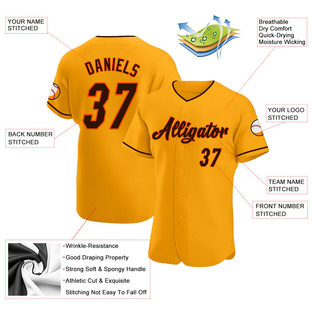 Camisa de beisebol autêntica personalizada dourada marrom-laranja