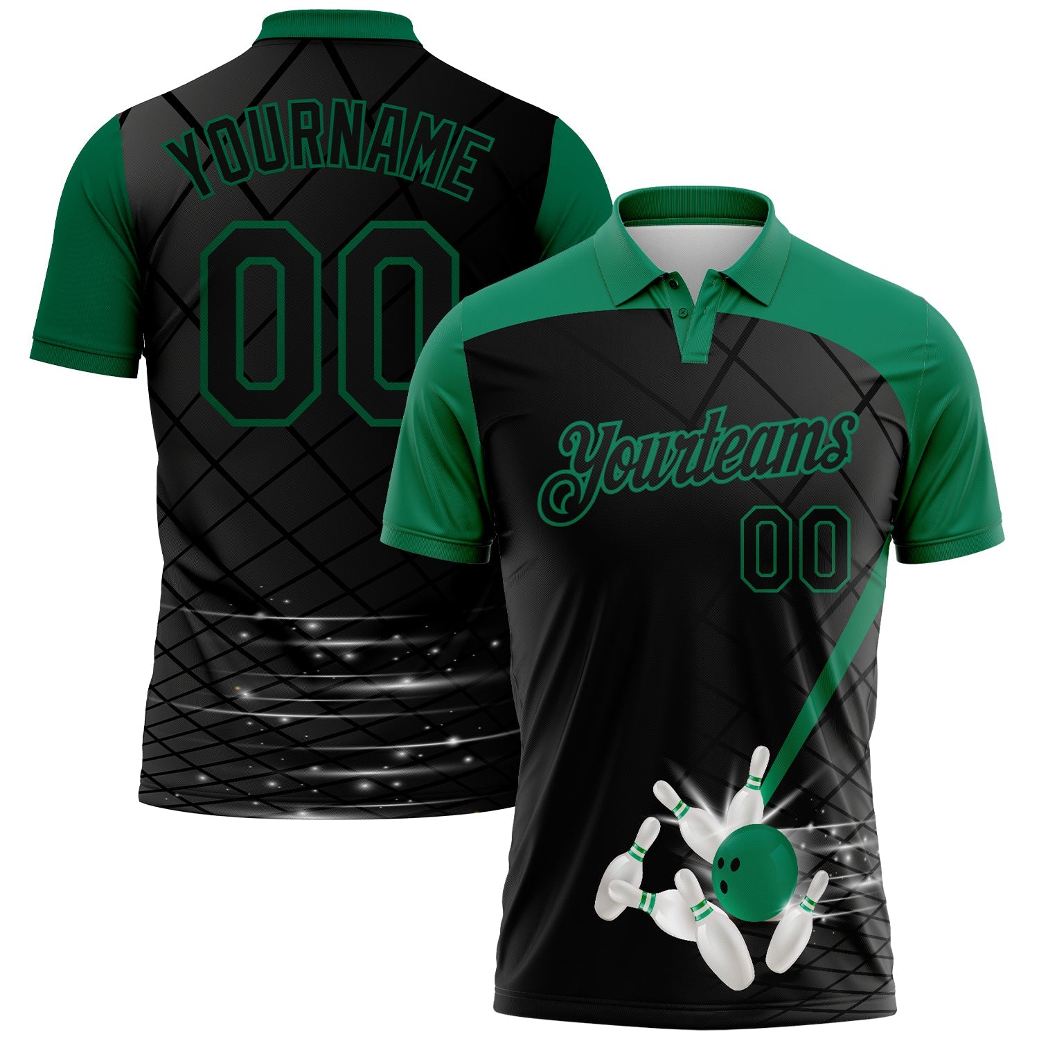 Kundenspezifisches schwarzes Kelly Green 3D-Muster-Design-Bowling-Performance-Golf-Poloshirt