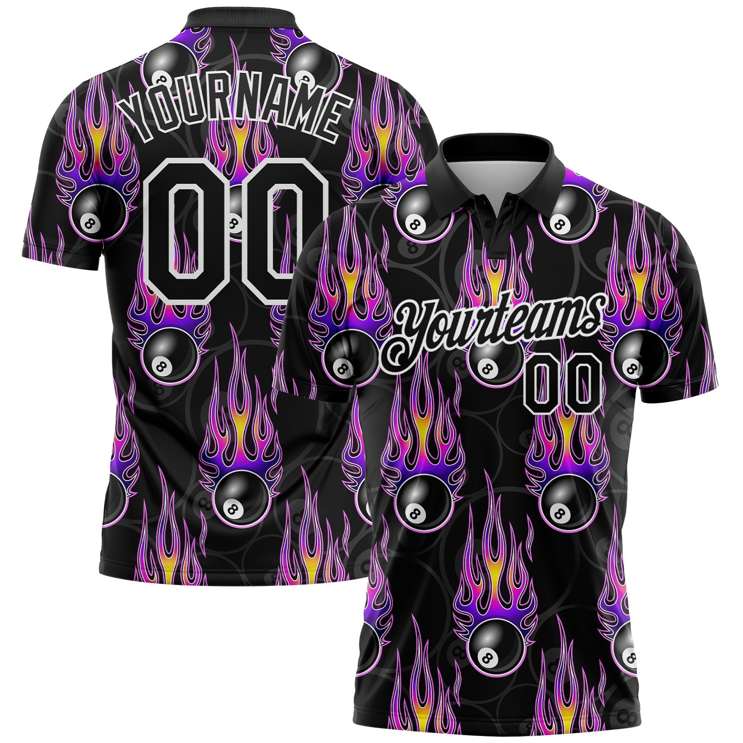 Individuelles schwarz-weiß-lila 3D-Muster-Design-Bowlingball mit Hotrod-Flammen-Performance-Golf-Poloshirt
