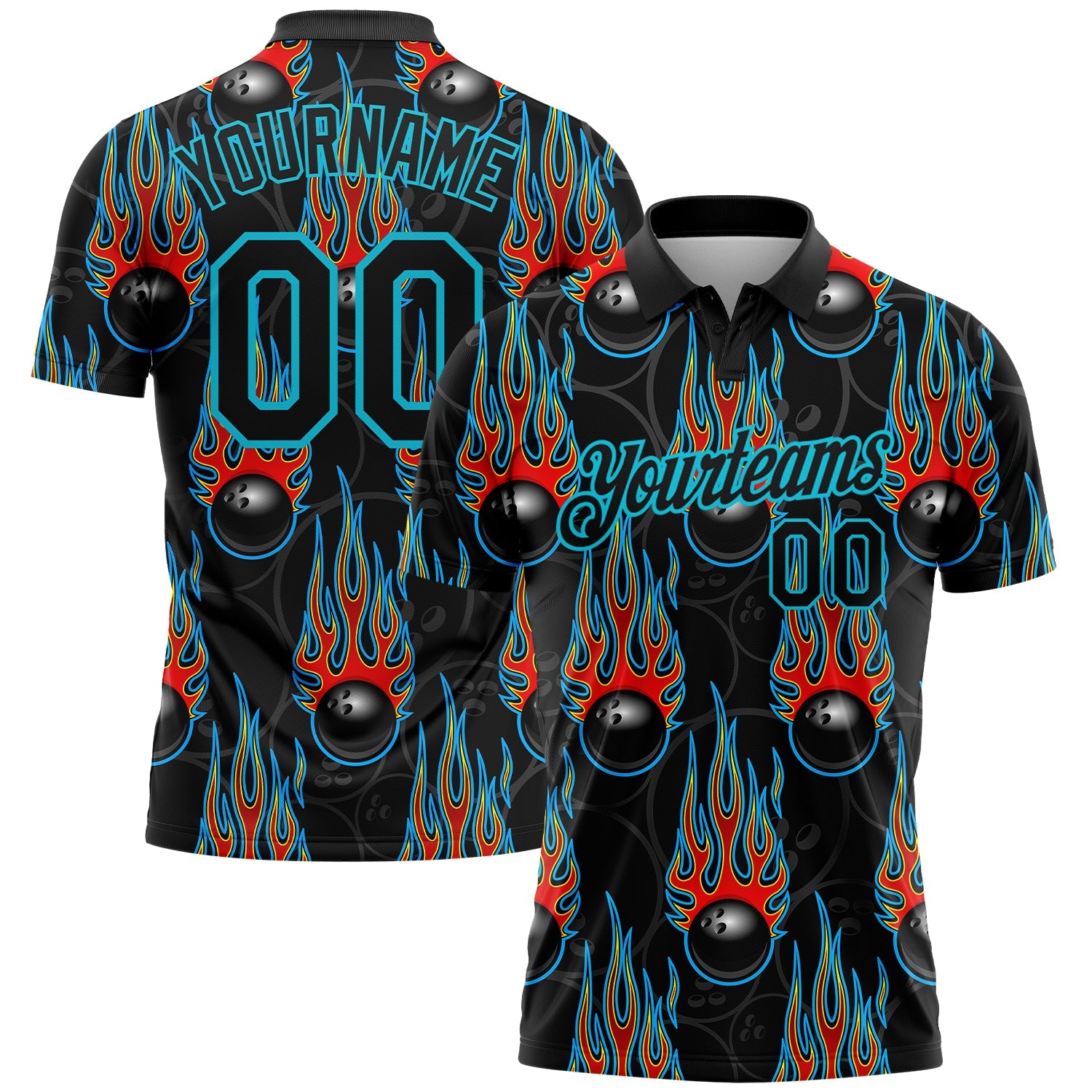 Kundenspezifisches Black Lakes Blue 3D-Muster-Design-Bowlingball mit Hotrod Flame Performance Golf-Poloshirt