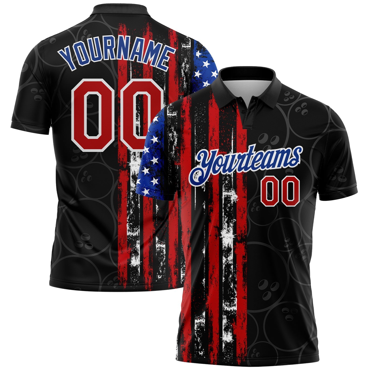 Kundenspezifisches schwarz-rot-königliches 3D-Muster-Design, Bowlingball, amerikanische Flagge, Performance-Golf-Poloshirt