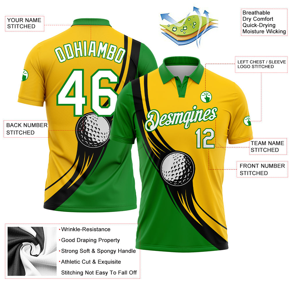 Kundenspezifisches Golfball-Performance-Golf-Poloshirt mit 3D-Muster in Gelb, Weiß und Grasgrün