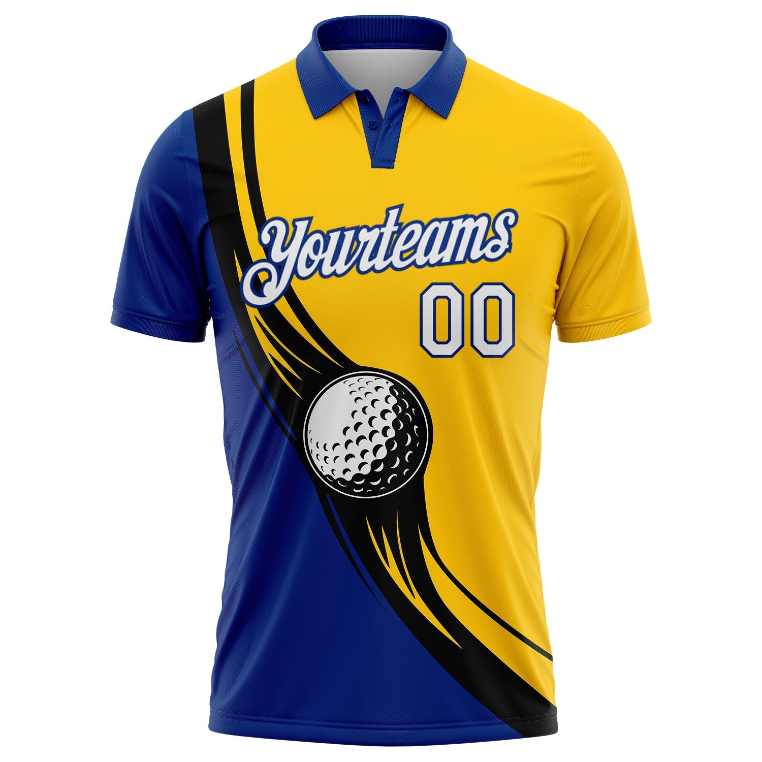Kundenspezifisches gelb-weißes, königsschwarzes 3D-Muster-Design-Golfball-Performance-Golf-Poloshirt
