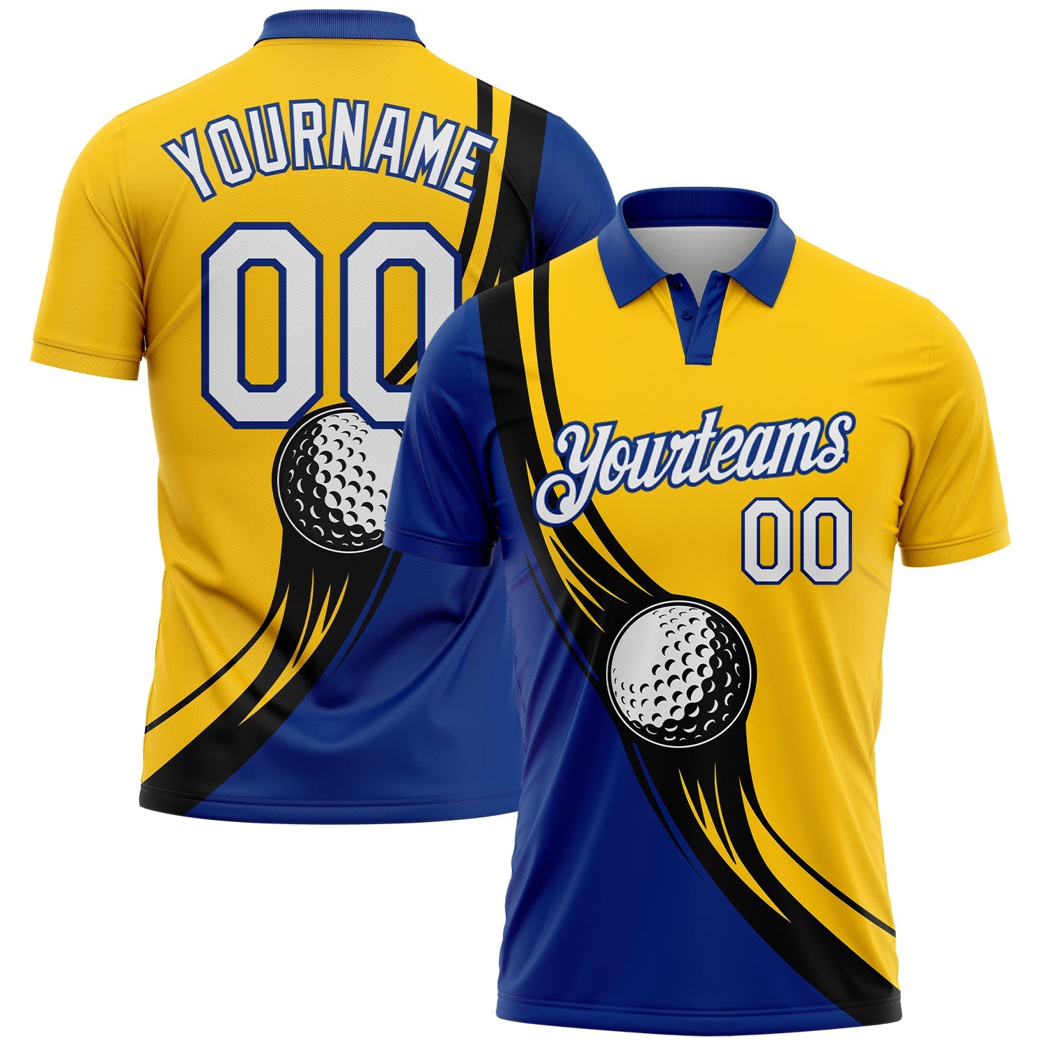 Kundenspezifisches gelb-weißes, königsschwarzes 3D-Muster-Design-Golfball-Performance-Golf-Poloshirt