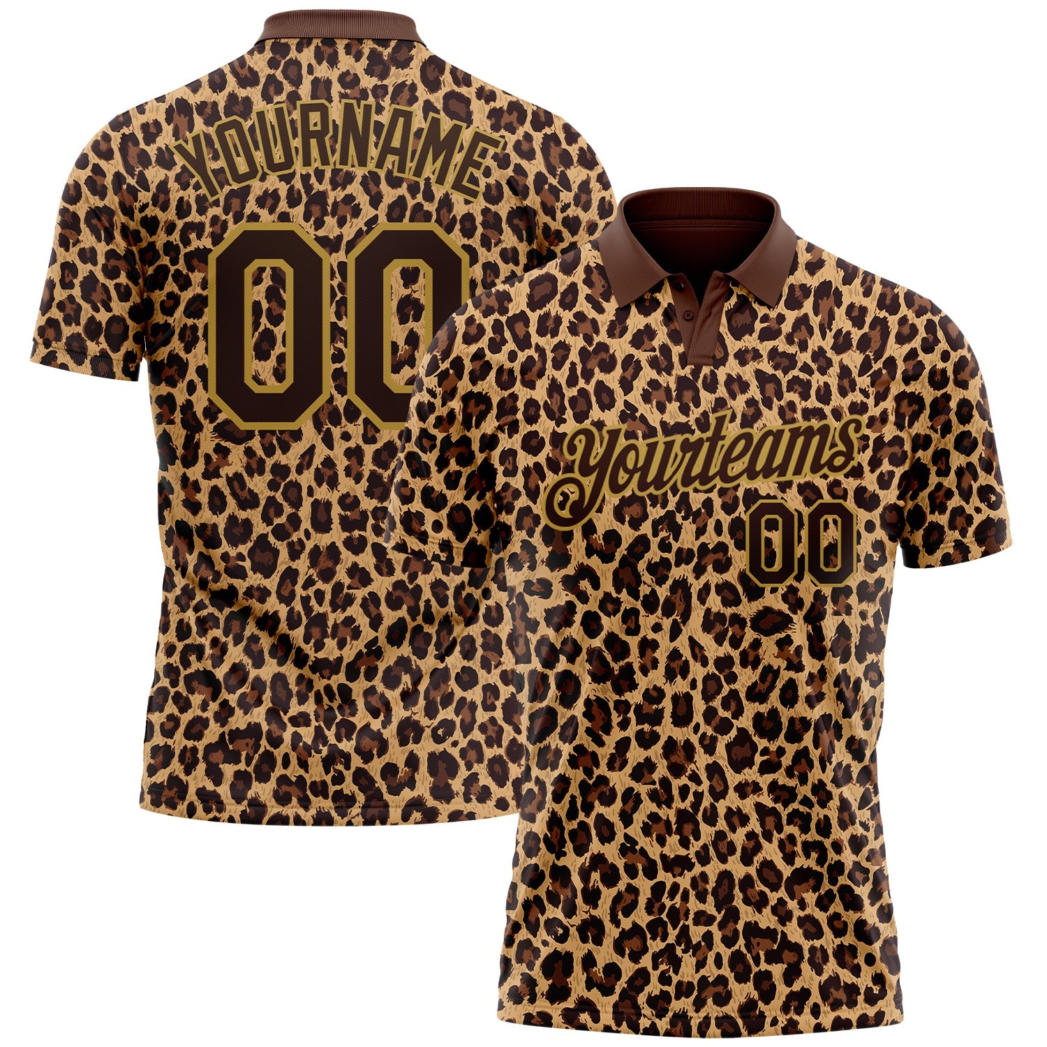 Camisa polo de golfe com estampa de leopardo com design padrão 3D em ouro velho marrom personalizado