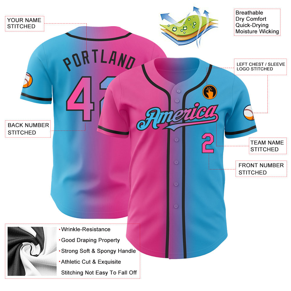 Benutzerdefiniertes himmelblaues, rosa-schwarzes, authentisches modisches Baseball-Trikot mit Farbverlauf