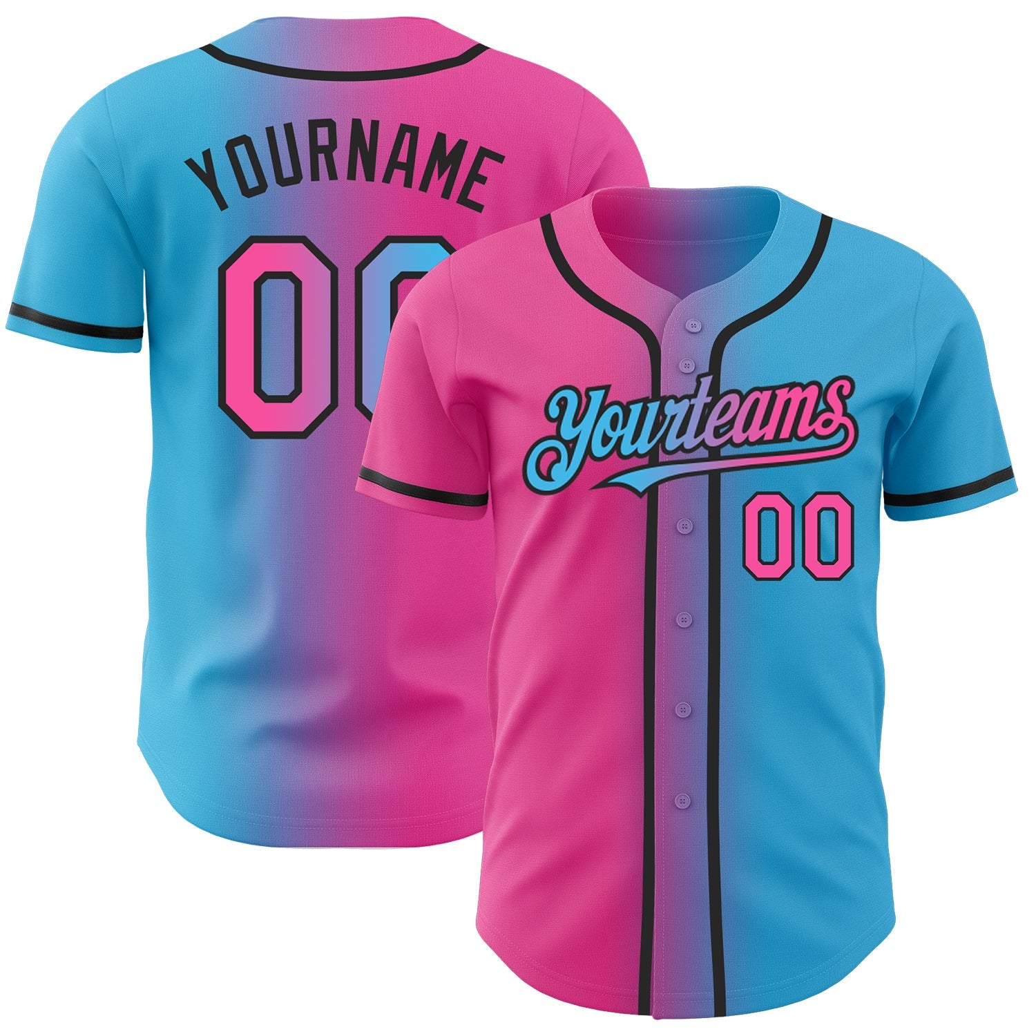 Benutzerdefiniertes himmelblaues, rosa-schwarzes, authentisches modisches Baseball-Trikot mit Farbverlauf