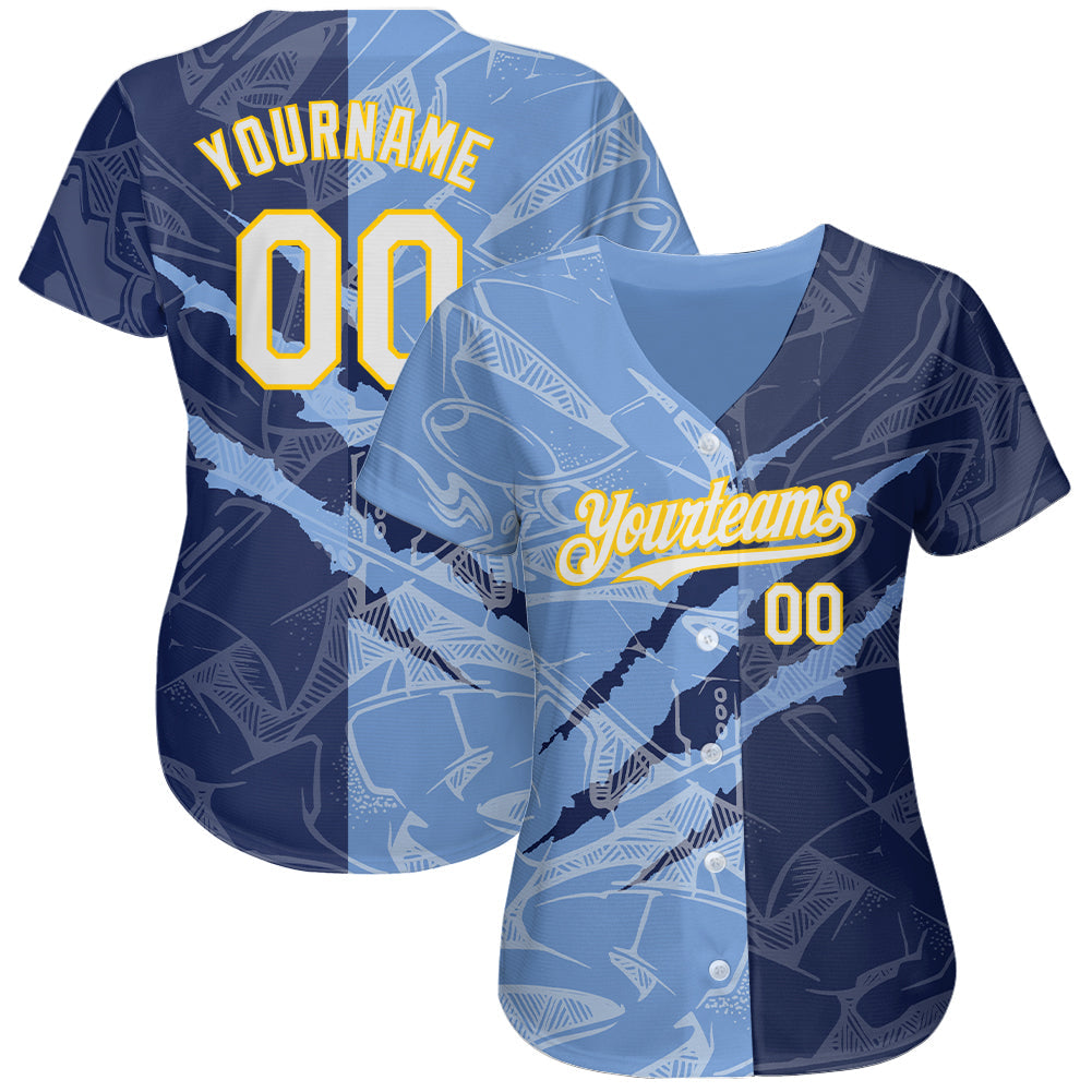 Camisa de beisebol autêntica com padrão graffiti personalizado branco azul marinho claro azul-amarelo 3D zero