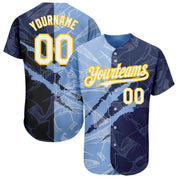 Camisa de beisebol autêntica com padrão graffiti personalizado branco azul marinho claro azul-amarelo 3D zero