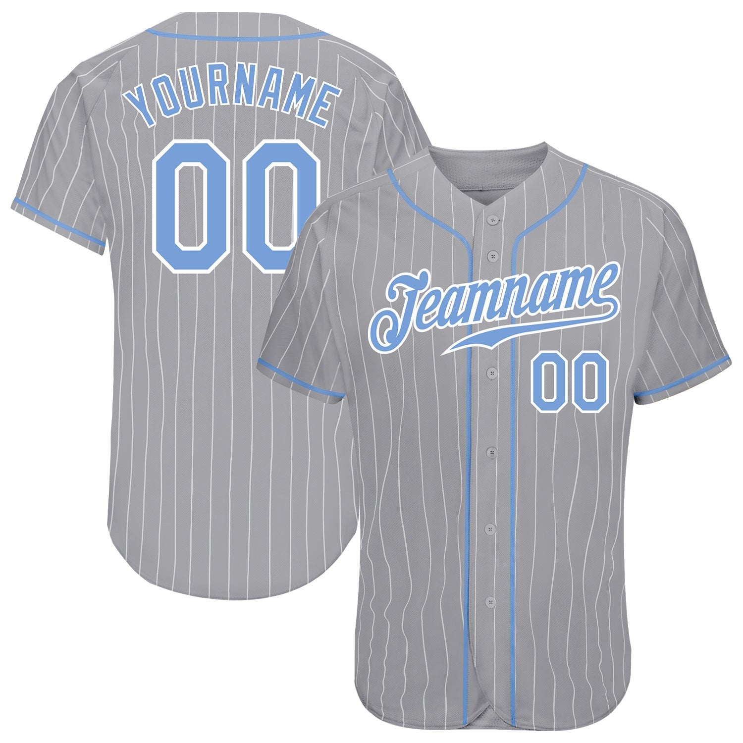 Camisa de beisebol autêntica cinza branca listrada azul-branca personalizada