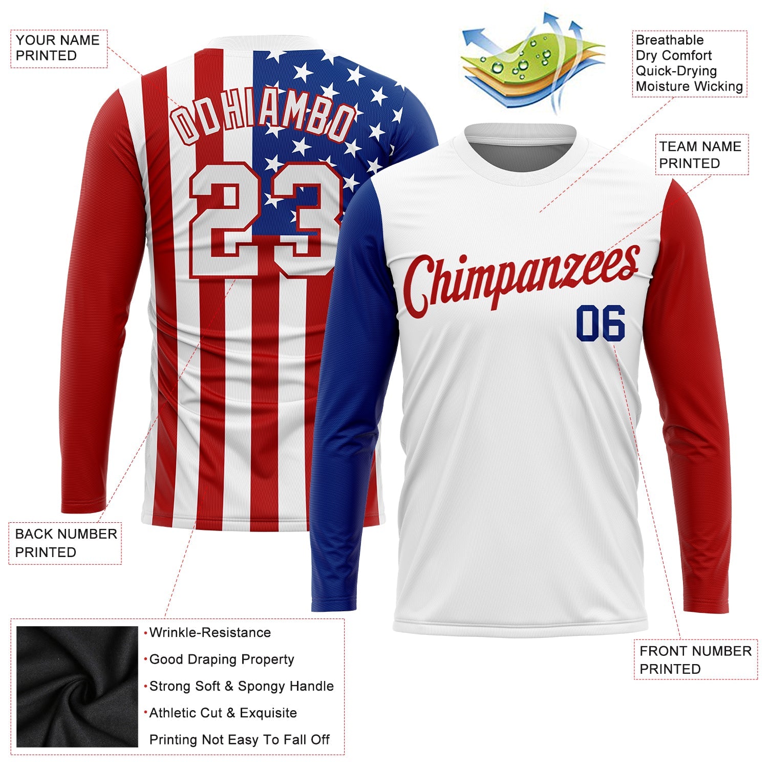 Individuelles, langärmliges Performance-T-Shirt mit 3D-Motiv, weiß, weiß, rot-königliche amerikanische Flagge