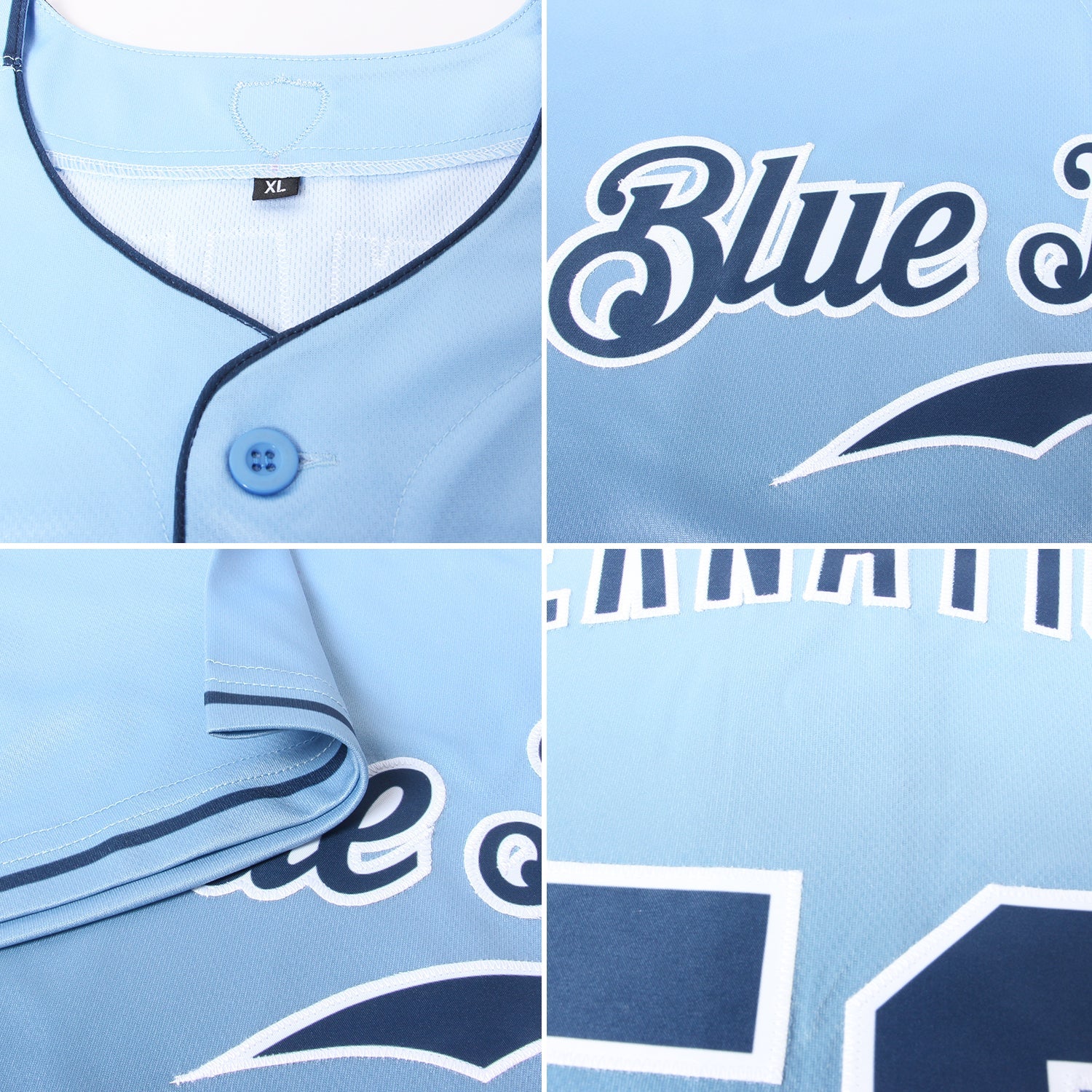 Camisa de beisebol personalizada azul claro e branco autêntico Fade Fashion