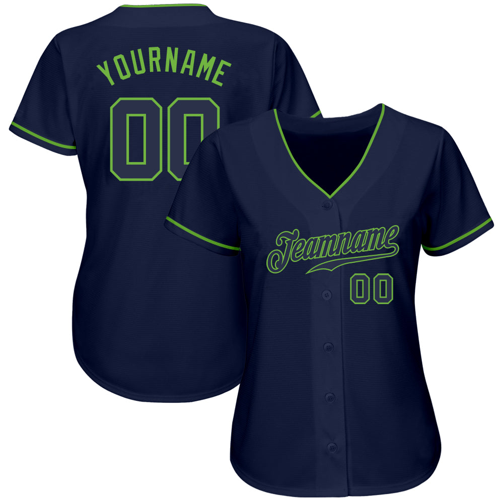 Camisa de beisebol autêntica azul marinho personalizada verde neon