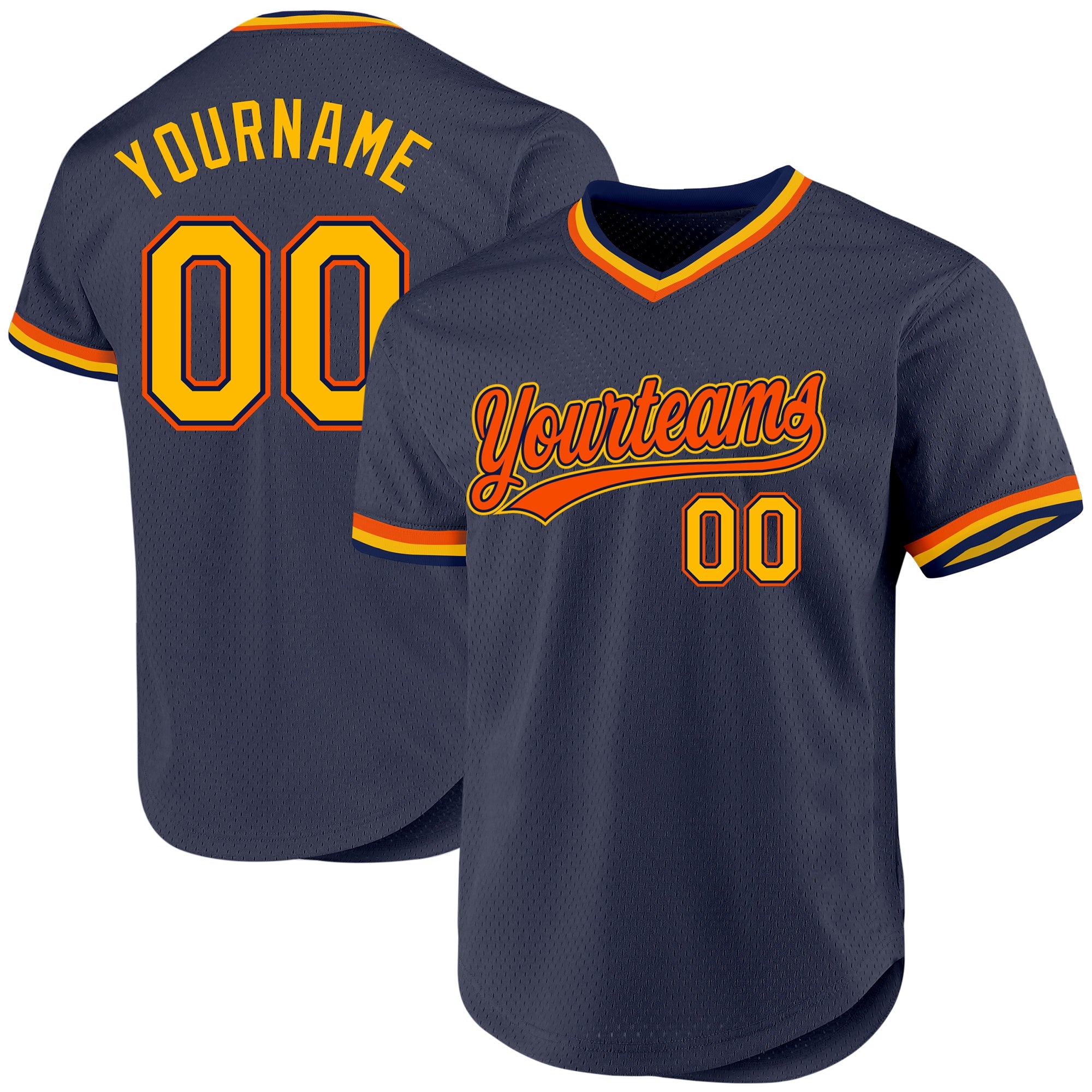 Camisa de beisebol autêntica personalizada azul-marinho laranja-ouro