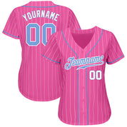 Maßgeschneidertes authentisches Baseball-Trikot mit rosa-weißen Nadelstreifen und hellblau-weißen Streifen