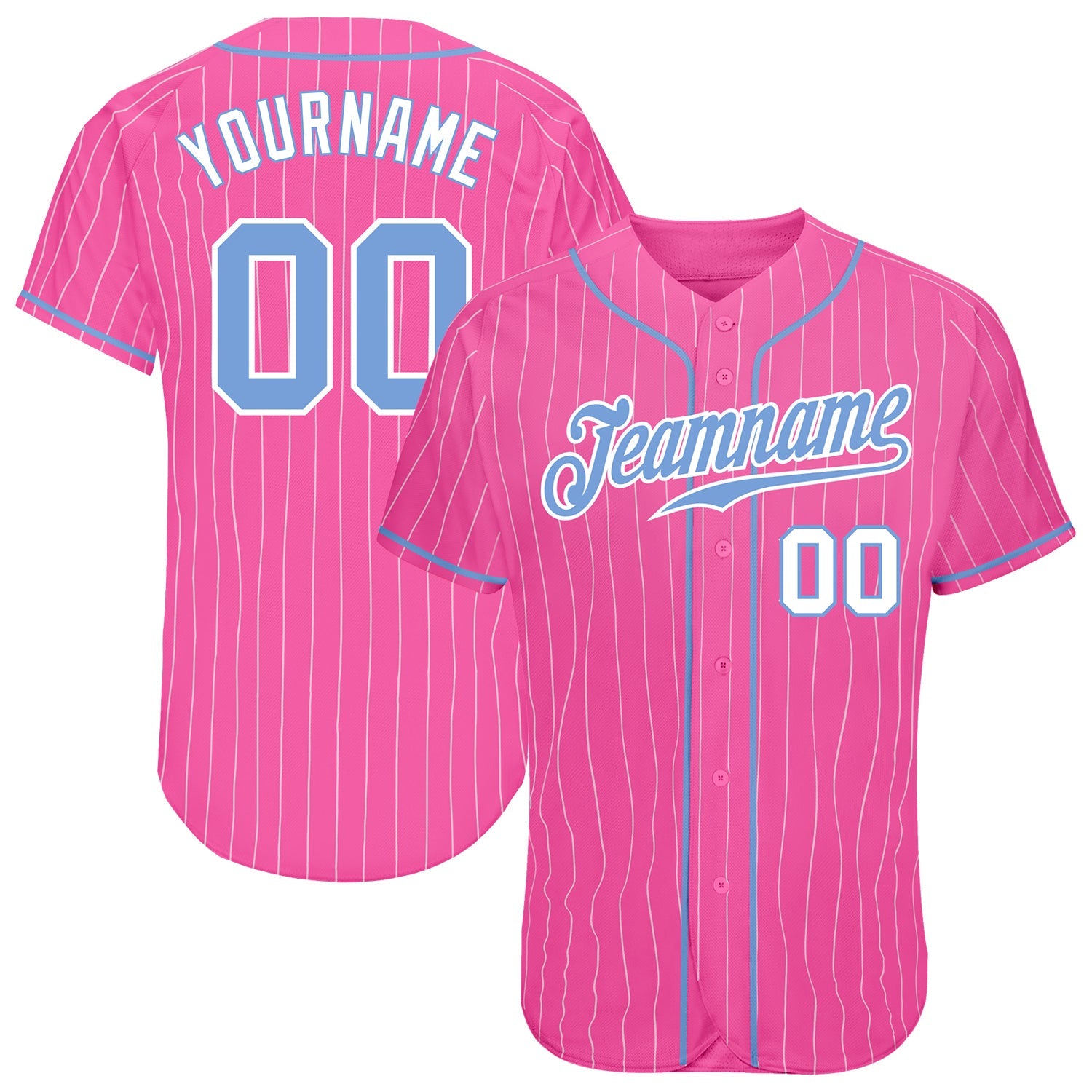 Maßgeschneidertes authentisches Baseball-Trikot mit rosa-weißen Nadelstreifen und hellblau-weißen Streifen