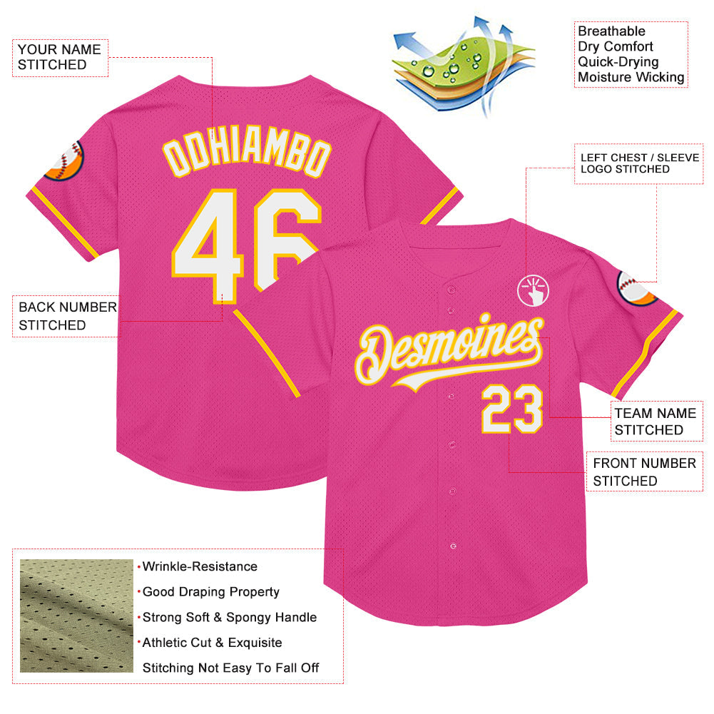 Custom Pink White-Yellow Mesh Authentic Throwback Baseball Jersey