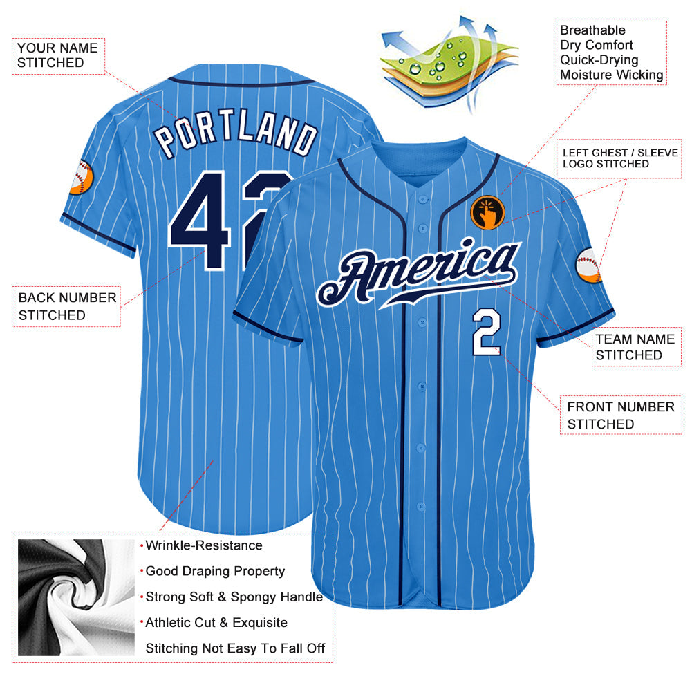 Benutzerdefiniertes, authentisches Baseball-Trikot in Puderblau, Weiß, Nadelstreifen, Marineblau und Weiß