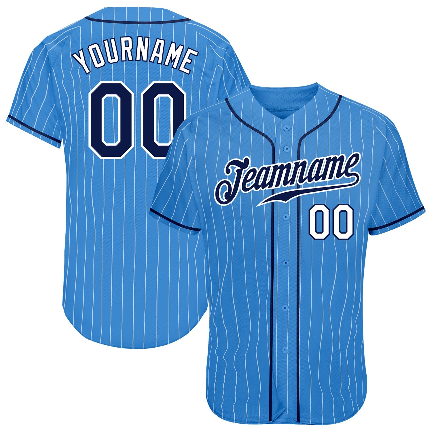 Camisa de beisebol autêntica azul-clara personalizada com riscas brancas e marinho-brancas