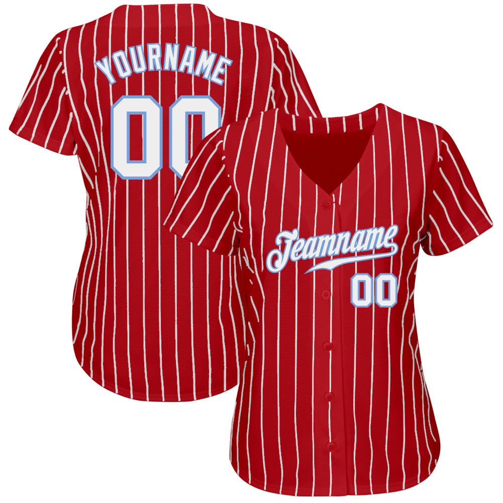 Camisa de beisebol autêntica vermelha personalizada com riscas brancas brancas e azuis claras