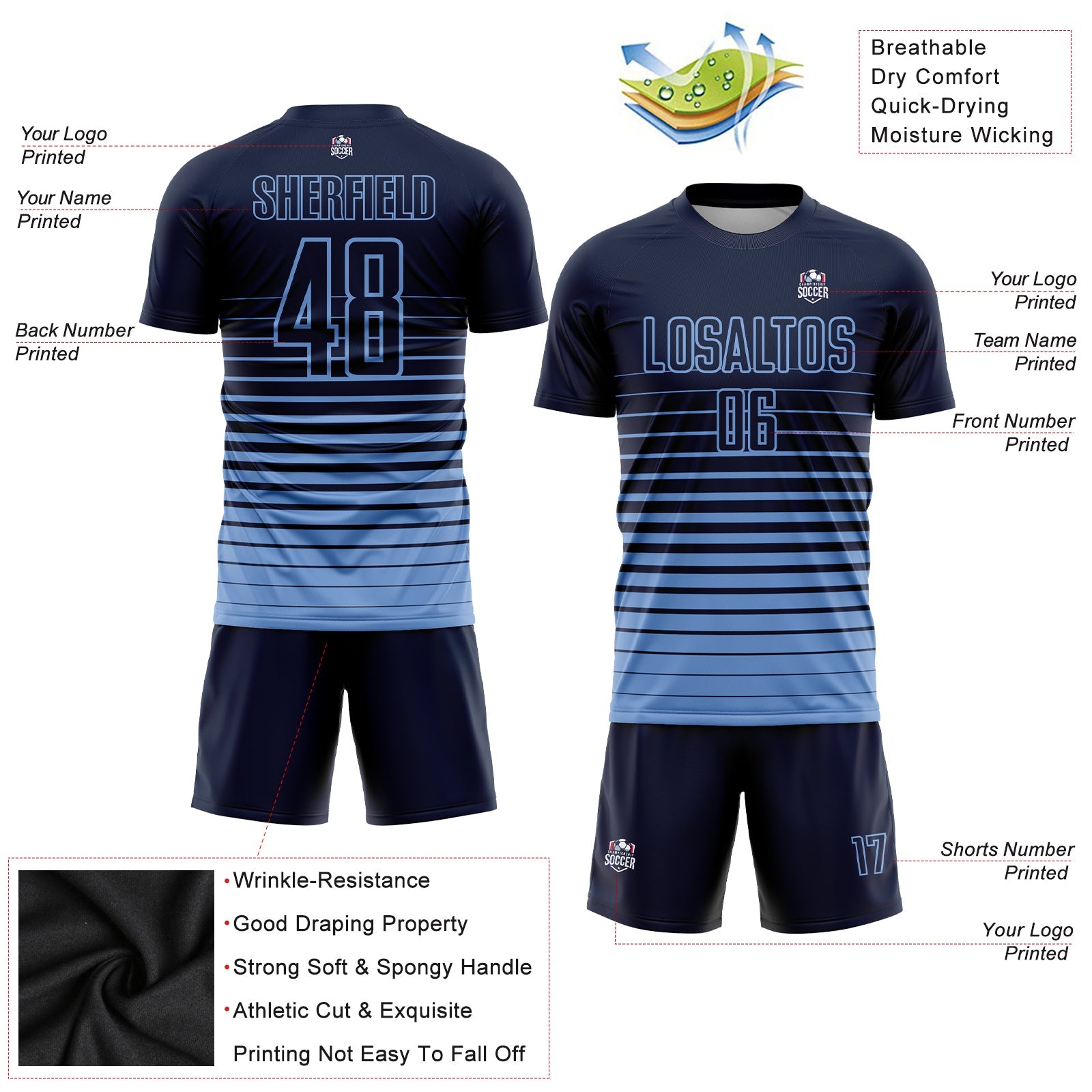 Maßgeschneidertes marineblaues, hellblaues, verblassendes, modisches Sublimations-Fußballuniform-Trikot