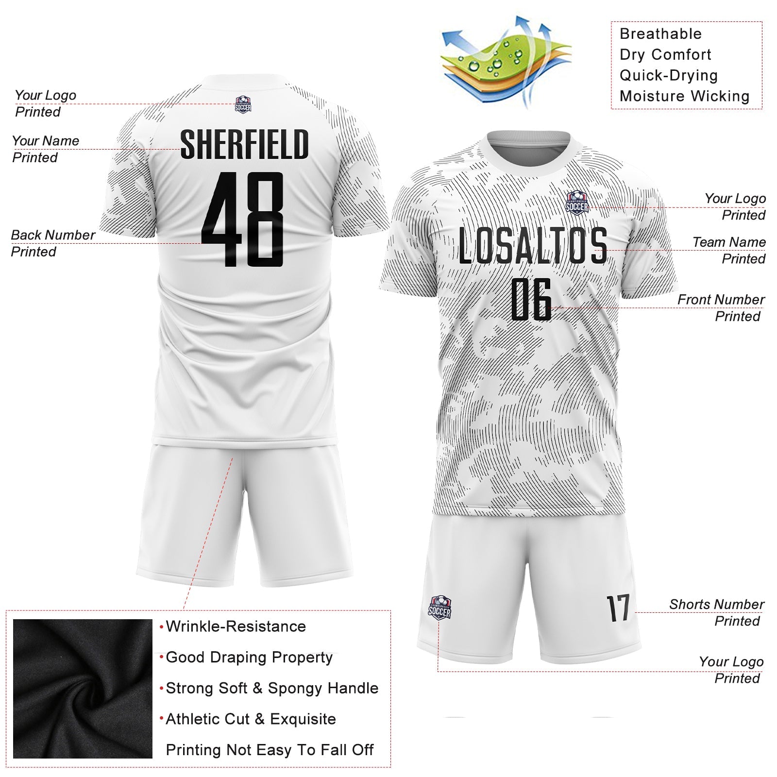 Benutzerdefiniertes weißes schwarzes Sublimations-Fußballuniform-Trikot