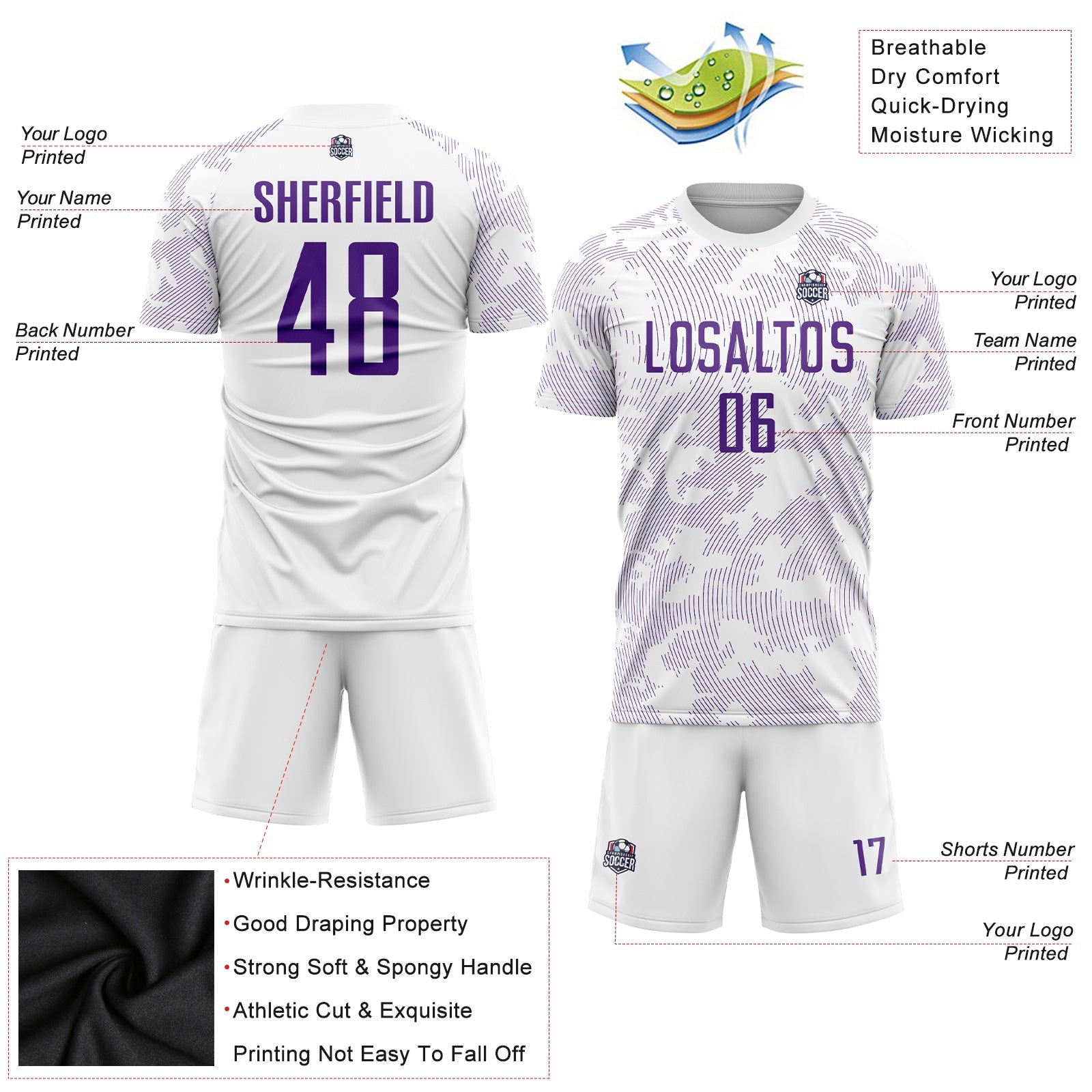 Maßgeschneidertes weiß-lila Sublimations-Fußballuniform-Trikot