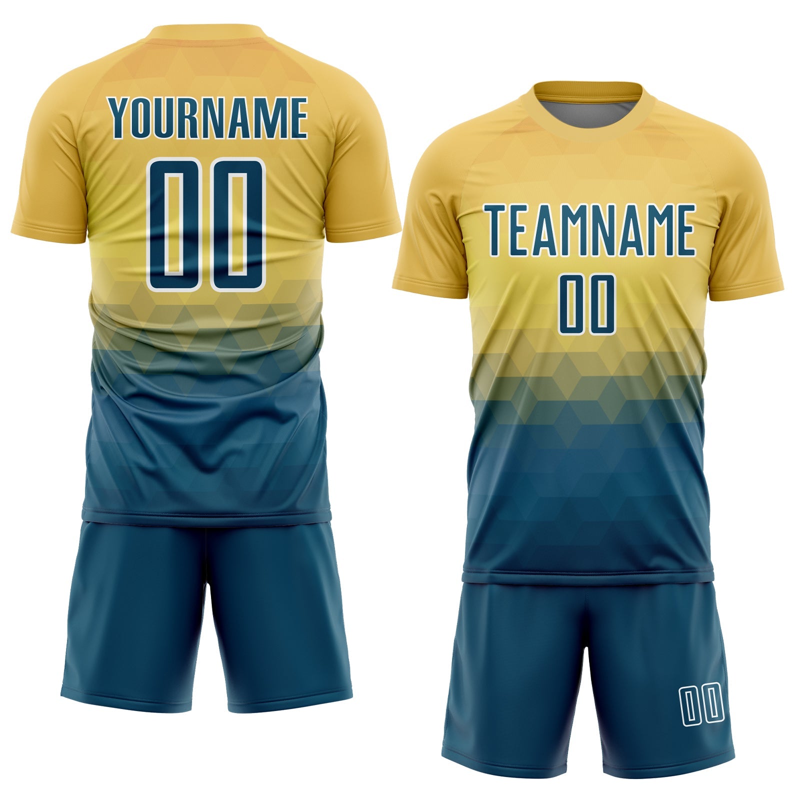 Custom Yellow US Navy Blue-White Geometric Triangle Sublimation Soccer Uniform Jersey