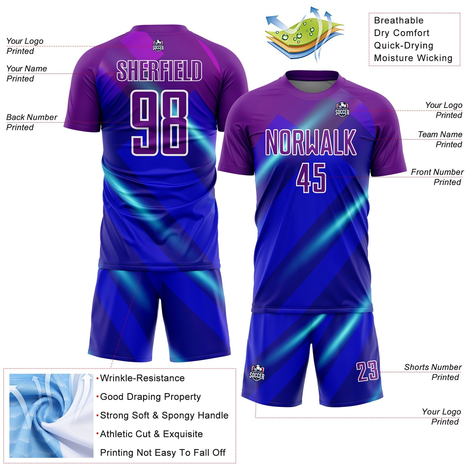 Custom Royal Purple-White Lines Sublimation Soccer Uniform Jersey