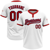Camisa de softball unissex de dois botões branca personalizada vermelha-marinho
