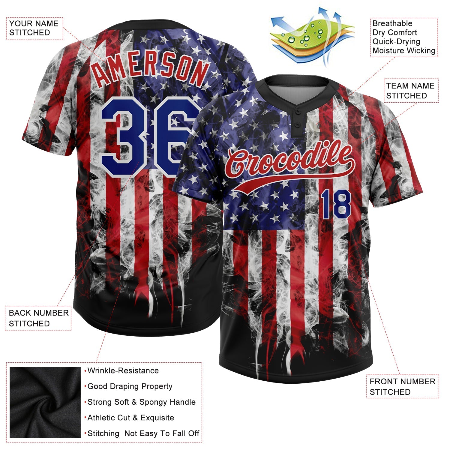 Maßgeschneidertes weißes, königsrotes 3D-Unisex-Softball-Trikot mit amerikanischer Flagge und modischem Zwei-Knopf-Design