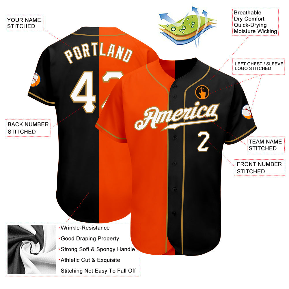 Camisa de beisebol personalizada preta, branca e laranja autêntica dividida