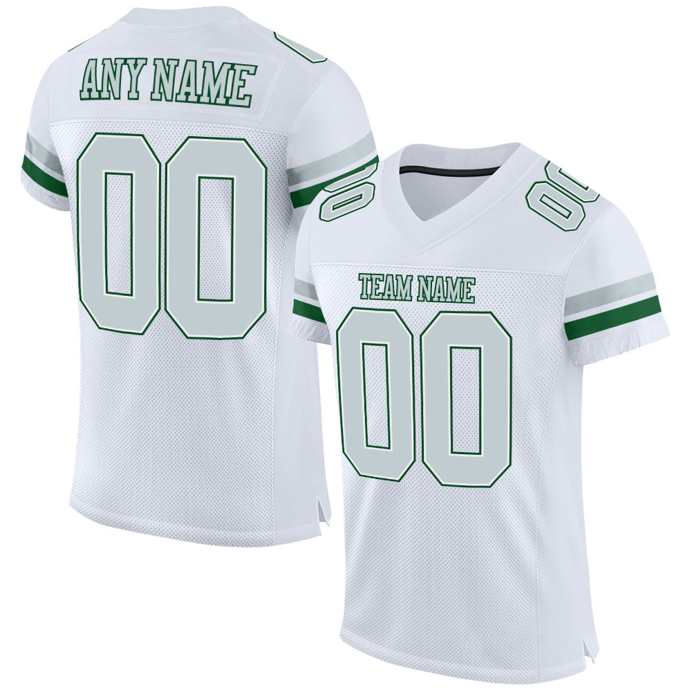 Camisa de futebol autêntica com malha branca prateada e verde personalizada