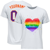 Individuelles weißes lila-orangefarbenes Regenbogen-Herz für World Pride LGBT Performance T-Shirt