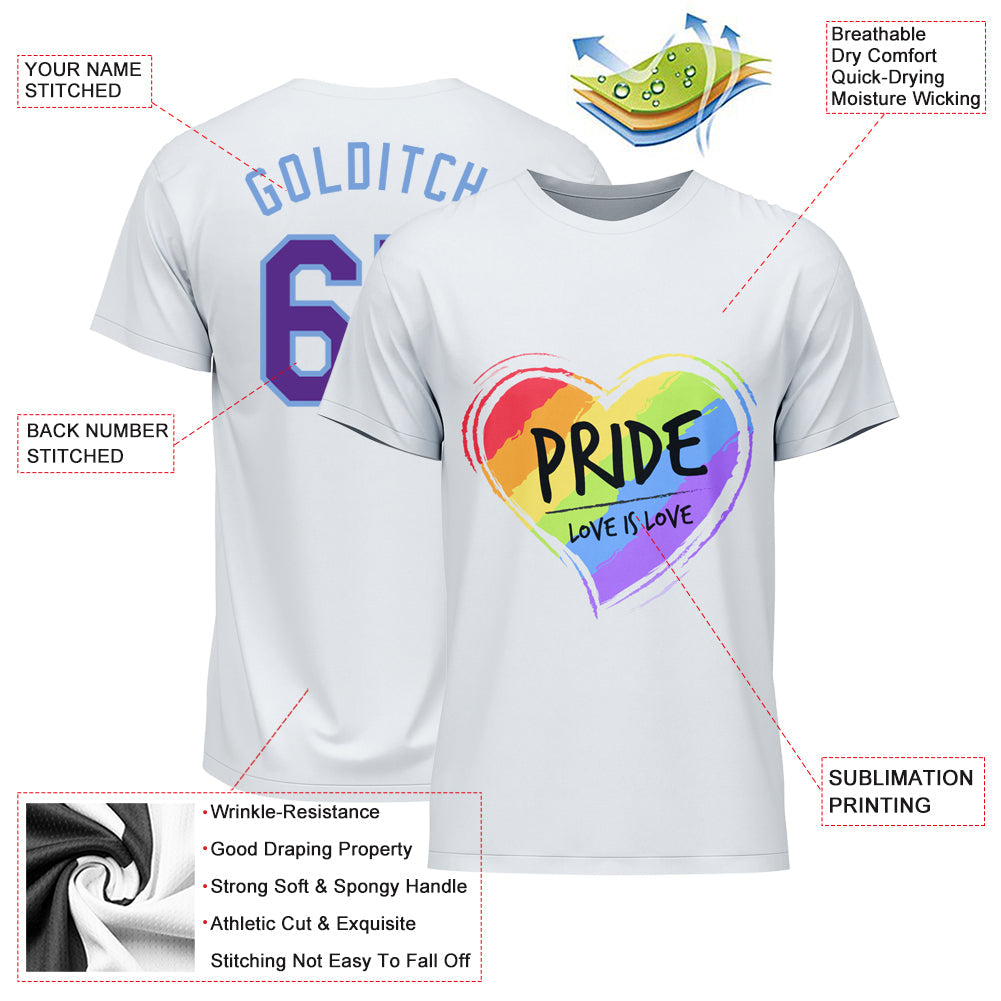Individuelles weißes lila-hellblaues regenbogenfarbenes Herz für Pride Love Is Love LGBT Performance T-Shirt