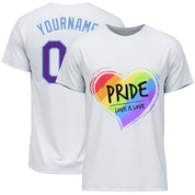 カスタムホワイトパープルライトブルーレインボーカラーハートフォープライド愛は愛LGBTパフォーマンスTシャツ
