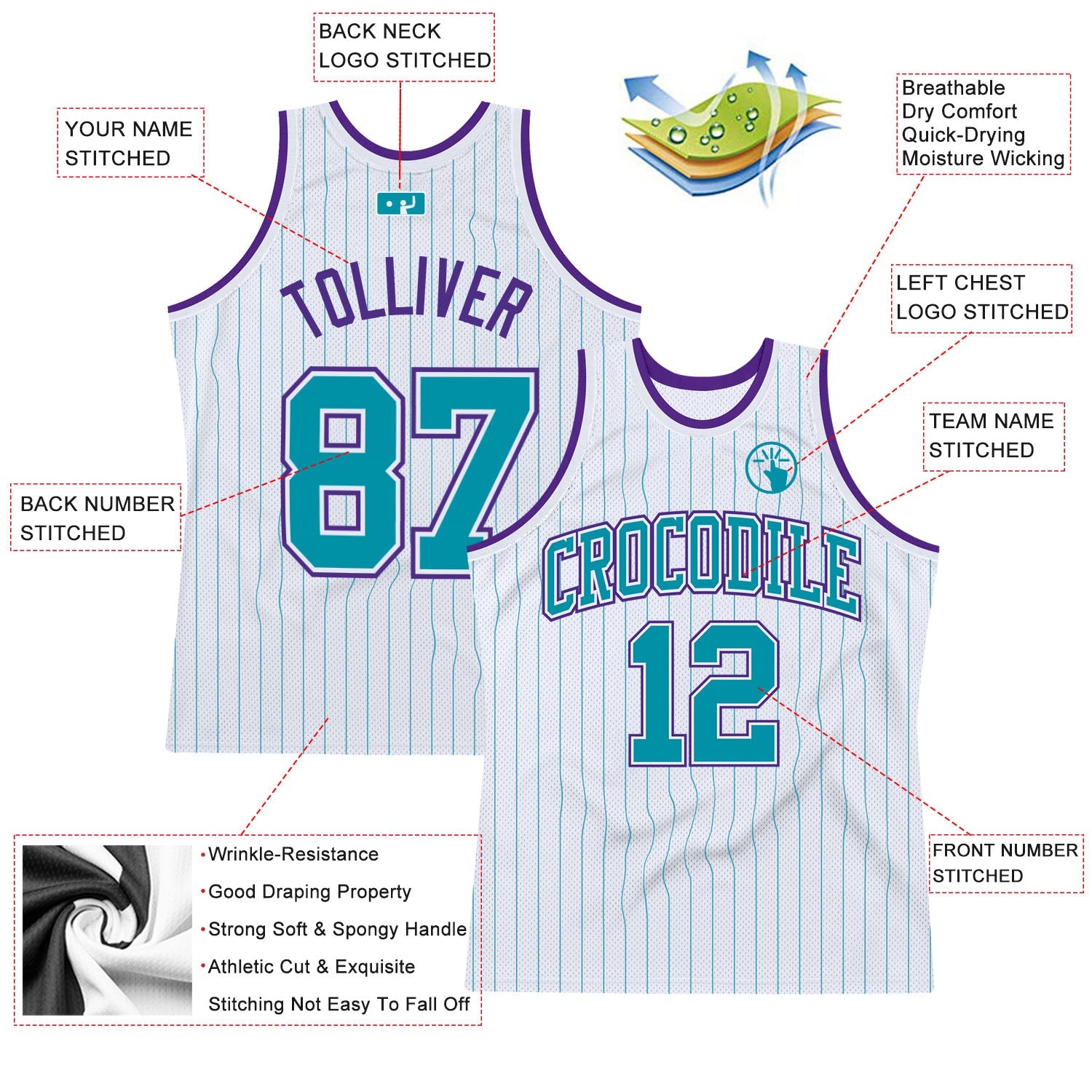Personnalisé blanc Teal Pinstripe Teal-violet authentique maillots de basket-ball