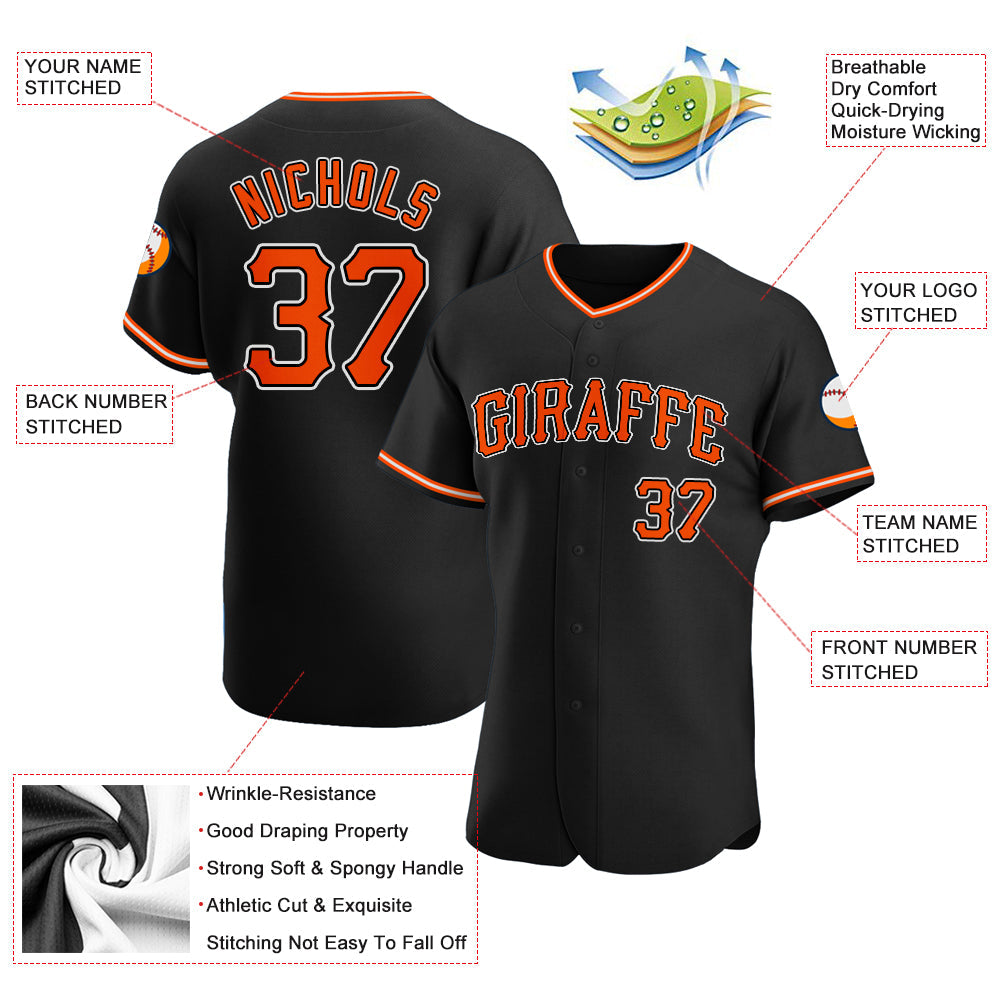 Camisa de beisebol autêntica preta, laranja e branca personalizada