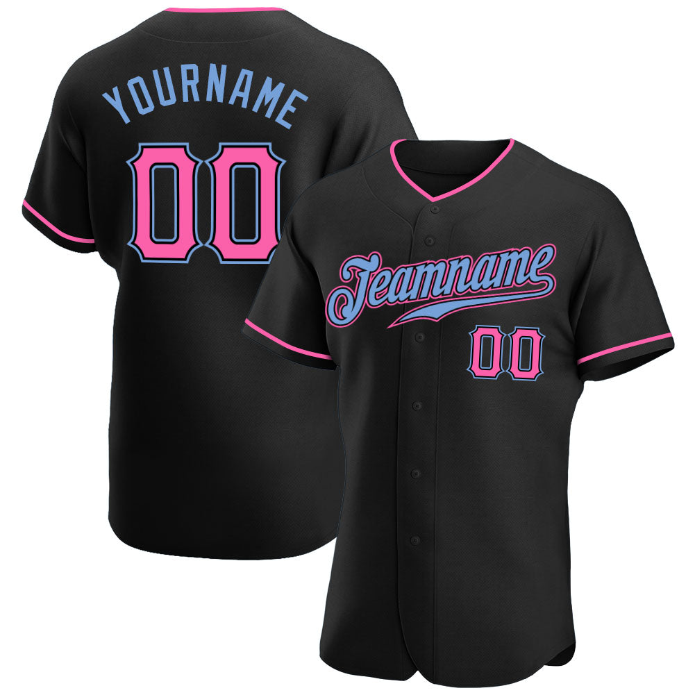 Camisa de beisebol autêntica preta rosa-azul clara personalizada