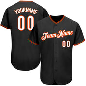 Camisa de beisebol autêntica preta, branca e laranja personalizada