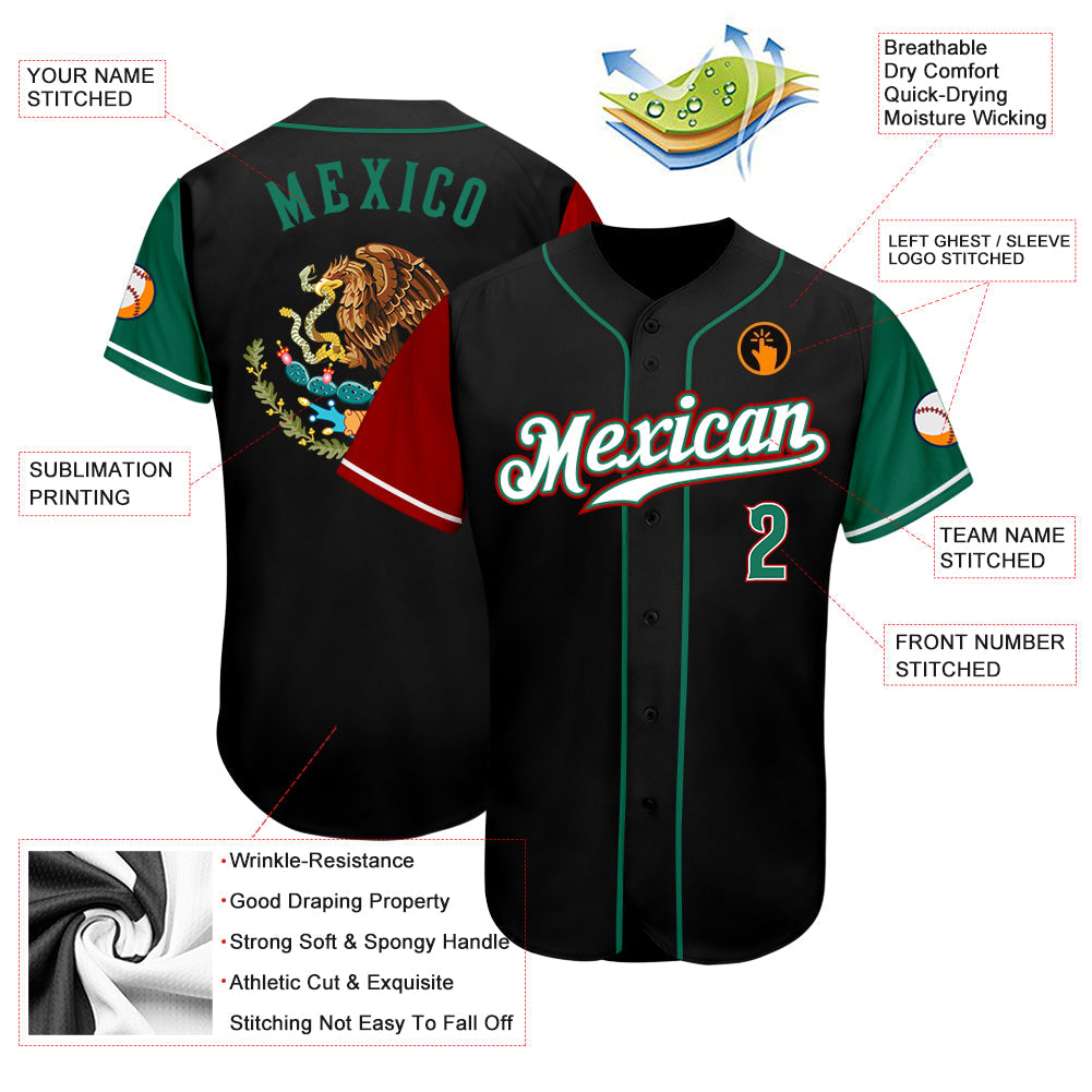 Personnalisé Noir Kelly Vert-Rouge Authentique Mexique Deux Tons Baseball Jersey
